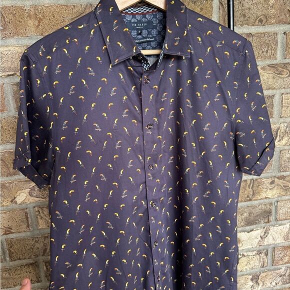 Ted Baker London Toucan Bird Print Shirt Slim Navy Size- 3 / M - Picture 2 of 9